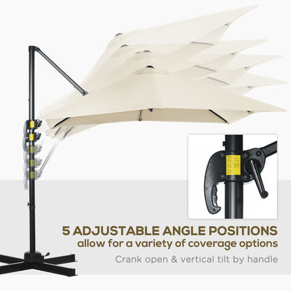 Outsunny 2,5 x 2,5 m Parasol tarasowy z wysięgnikiem, aluminiowy, wiszący, z możliwością obrotu o 360° z korbką i podstawą krzyżową, kremowo-biały