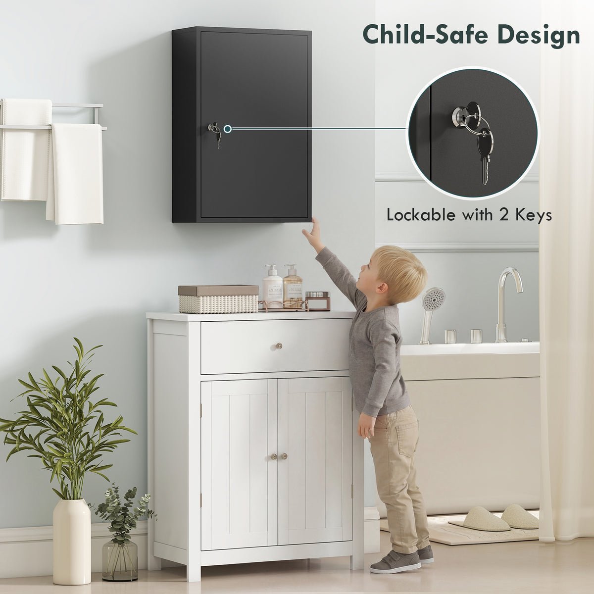 kleankin 3-Tier Steel Wall Mount Medicine Cabinet, First Aid Cabinet Lockable with 2 Keys for Bathroom and Kitchen, Black