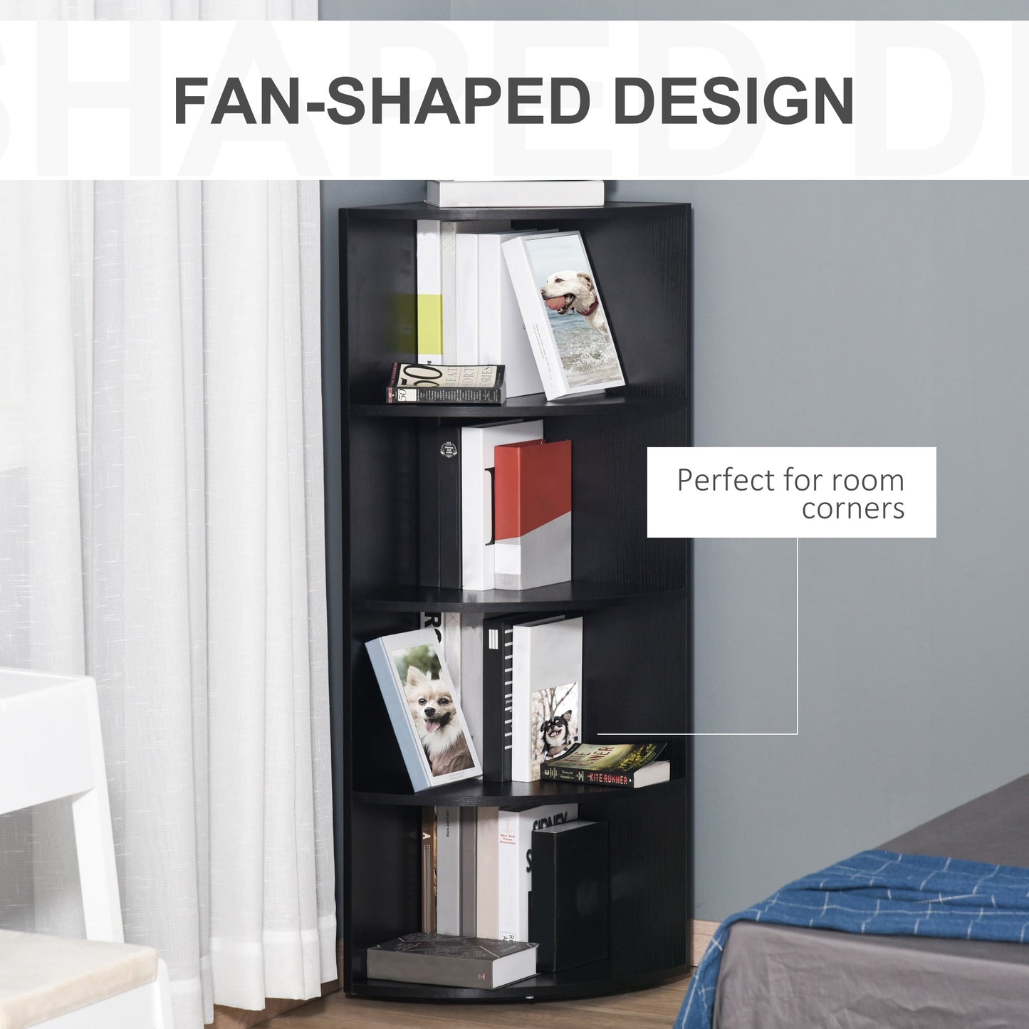 HOMCOM 4-Tier Corner Open Shelf Bookcase Freestanding Fan Bookshelf Plants Stand, 40x40x120cm, Black