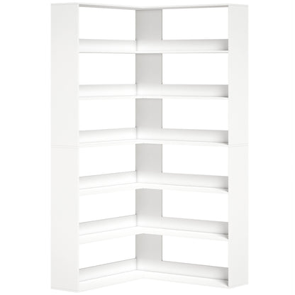 HOMCOM 7 Tiers Bookshelf, L-Shaped Corner Bookcase with Anti-Slip Rear Guard, White Wood Effect