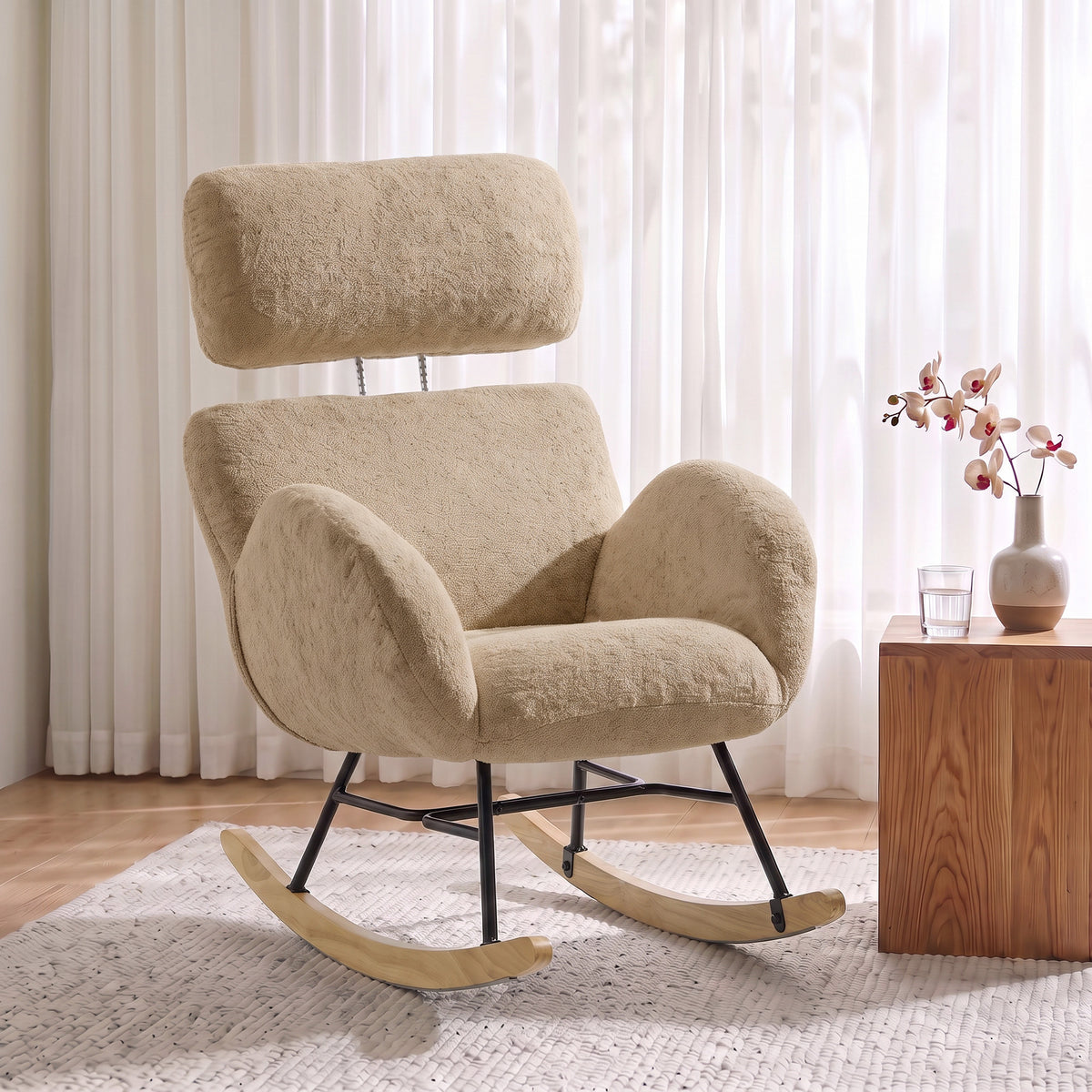 HOMCOM Upholstered Rocking Chair Adjustable Headrest Rocker Chair Raindrop Velvet Rubberwood Base Light Brown