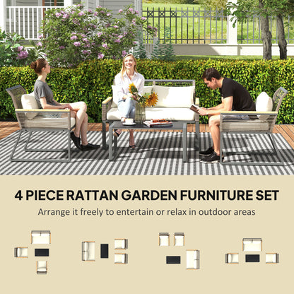 Outsunny Four Piece Wicker Rope Garden Furniture Set with Glass Top Coffee Table - Grey
