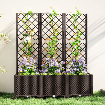 Outsunny Raised Garden Bed with Trellis, Plastic Planter Box with Drainage Holes, Drain Plugs and Water Reservoirs for Climbing Plants, Vegetables, Flowers, Brown