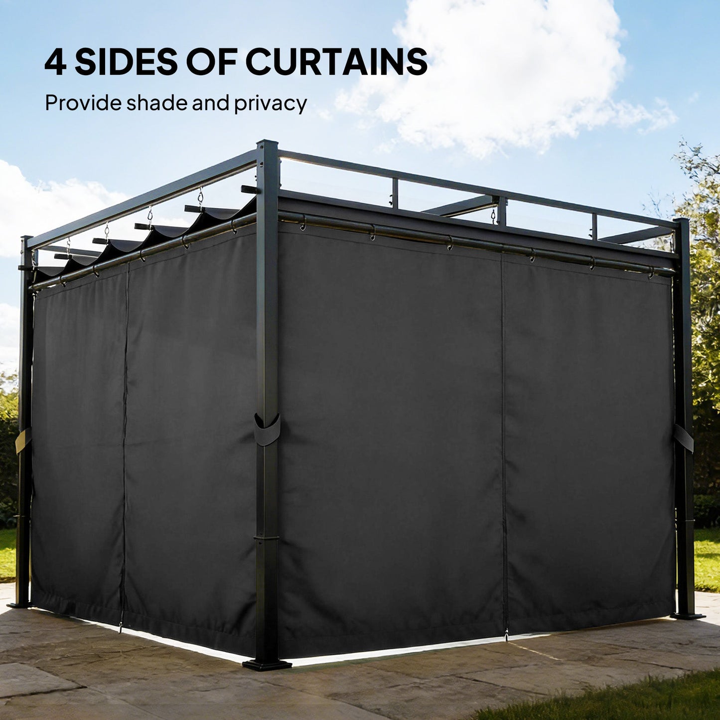 Outsunny 3 x 3 m Pergola with Retractable Roof Canopy and Curtains, UPF30+ Metal Frame Garden Pergola Gazebo Sun Shade, Dark Grey