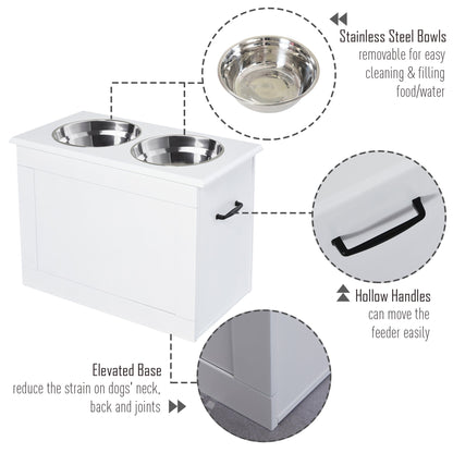 PawHut Raised Pet Feeding Storage Station with 2 Stainless Steel Bowls Base for Large Dogs and Other Large Pets, White