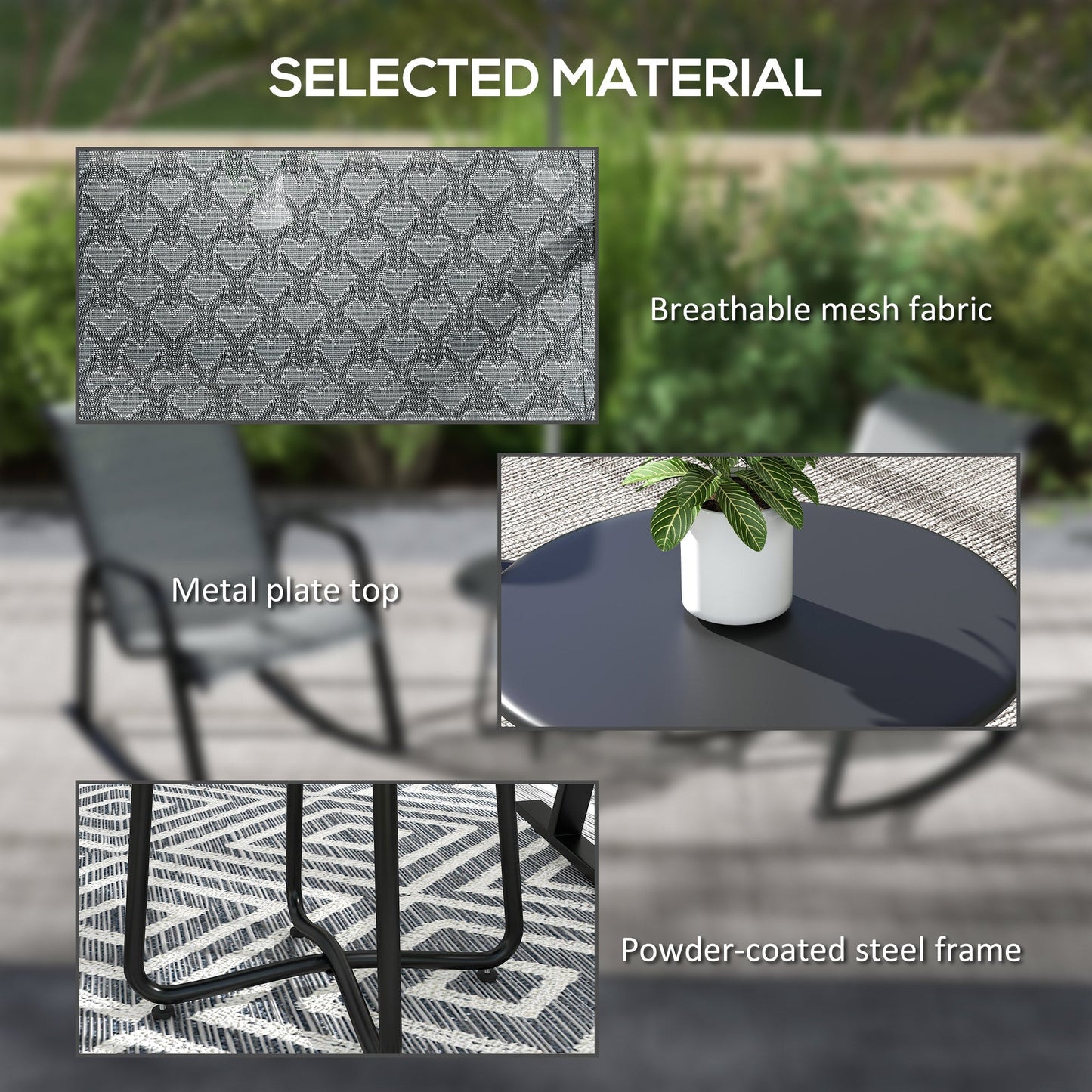 3 Piece Outdoor Rocking Set With 2 Armchairs, Metal Top Coffee Table, Patio Bistro Set With Curved Armrests, Breathable Mesh Fabric Seat - Mixed Grey