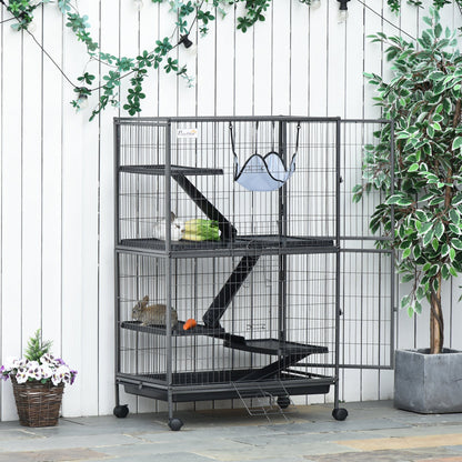 PawHut Small Animal Cage for Chinchilla Ferret Kitten on Wheels with Hammocks Removable Tray, Silver Grey