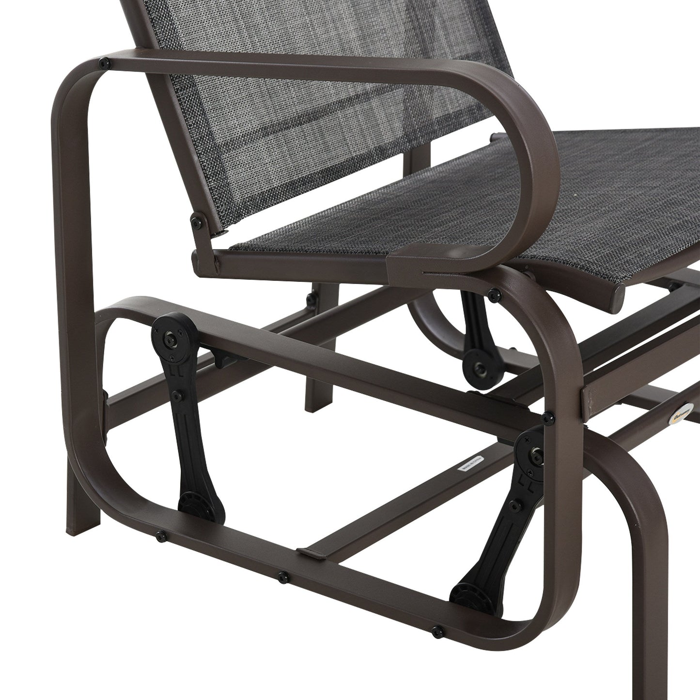 Outsunny 3 Pieces Garden Gliding Chair Set, Metal Frame 2 Single Armchair Swing Seater and 1 Glass Top Coffee Table w/ Breath Mesh Fabric Seat, Brown