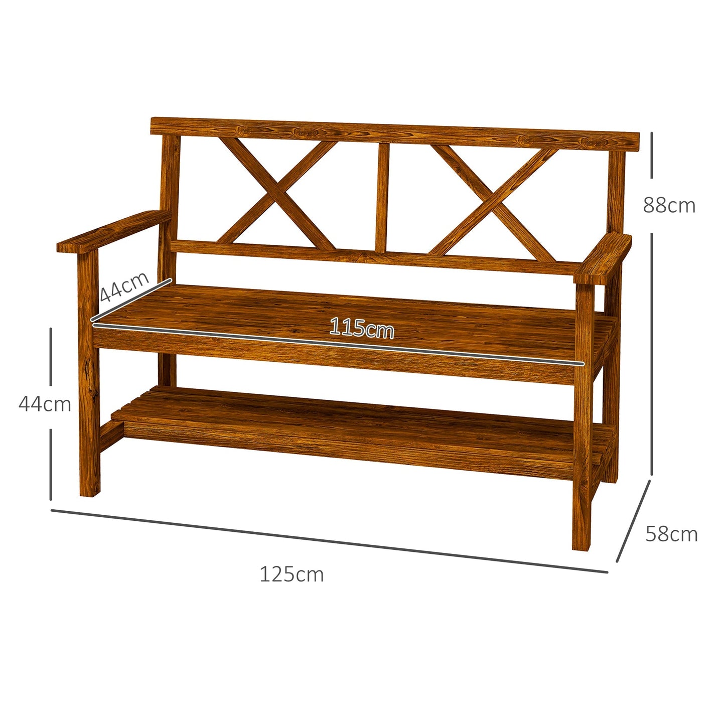 Outsunny Wooden Garden Bench, 2-Seater Outdoor Bench with Storage Shelf, Backrest, Armrests and Slat Seat for Patio, Lawn, Deck, Carbonized