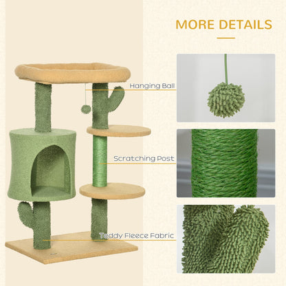 PawHut Cactus Cat Tree, 90cm Cat Climbing Tower, kitten Activity Centre with Teddy Fleece House, Bed, Sisal Scratching Posts and Hanging Ball, Green