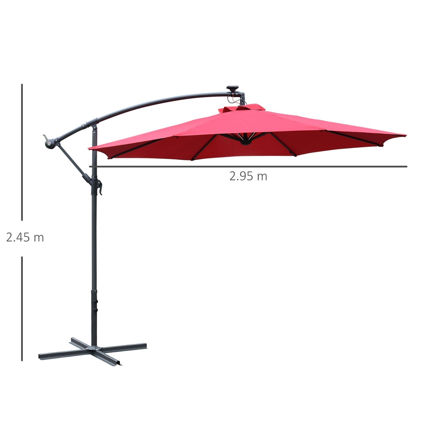 Outsunny 3M LED Patio Banana Umbrella Cantilever Parasol w/ Crank Cross Base شنقا مظلة أوفست الإطار الصلب الألومنيوم حديقة الجدول في الهواء الطلق الأحمر