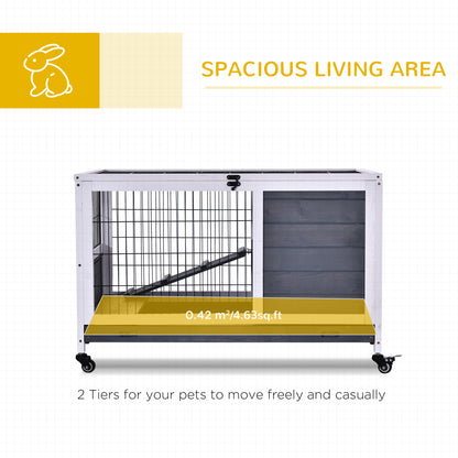 PawHut Wooden Guinea Pig Hutch, 2-Floor Bunny Cage w/ Enclosed Run Area, Grey