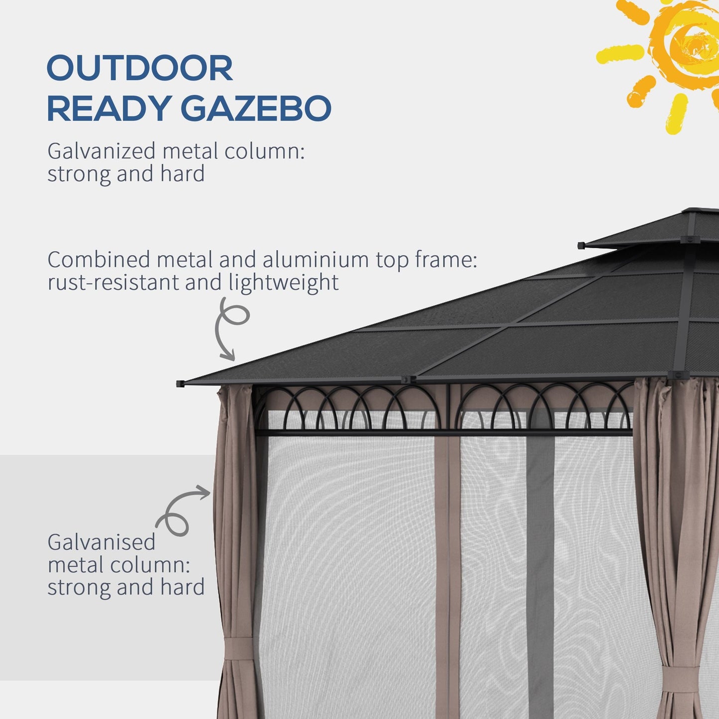 Outsunny 3.6 x 3 (m) Outdoor Polycarbonate Gazebo, Double Roof Hard Top Gazebo with Nettings & Curtains for Garden, Lawn, Patio