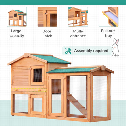 PawHut Rabbit 2 Tier Fir Wood Small Animal Hutch Guinea Pigs Hutches w/ Ramp Brown