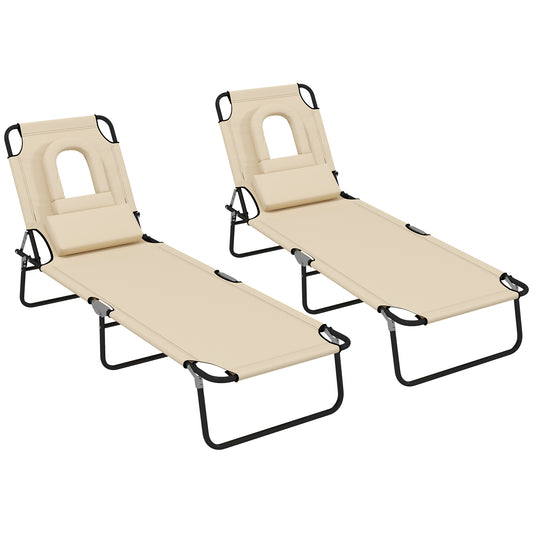 Outsunny Outdoor Folding Sun Lounger Set of 2 with Face Hole, 4 Level Adjustable Backrest Reclining Garden Lounger, Garden Recliner Sunbed with 600 D Oxford Cloth Seat and Pillow for Beach, Sand