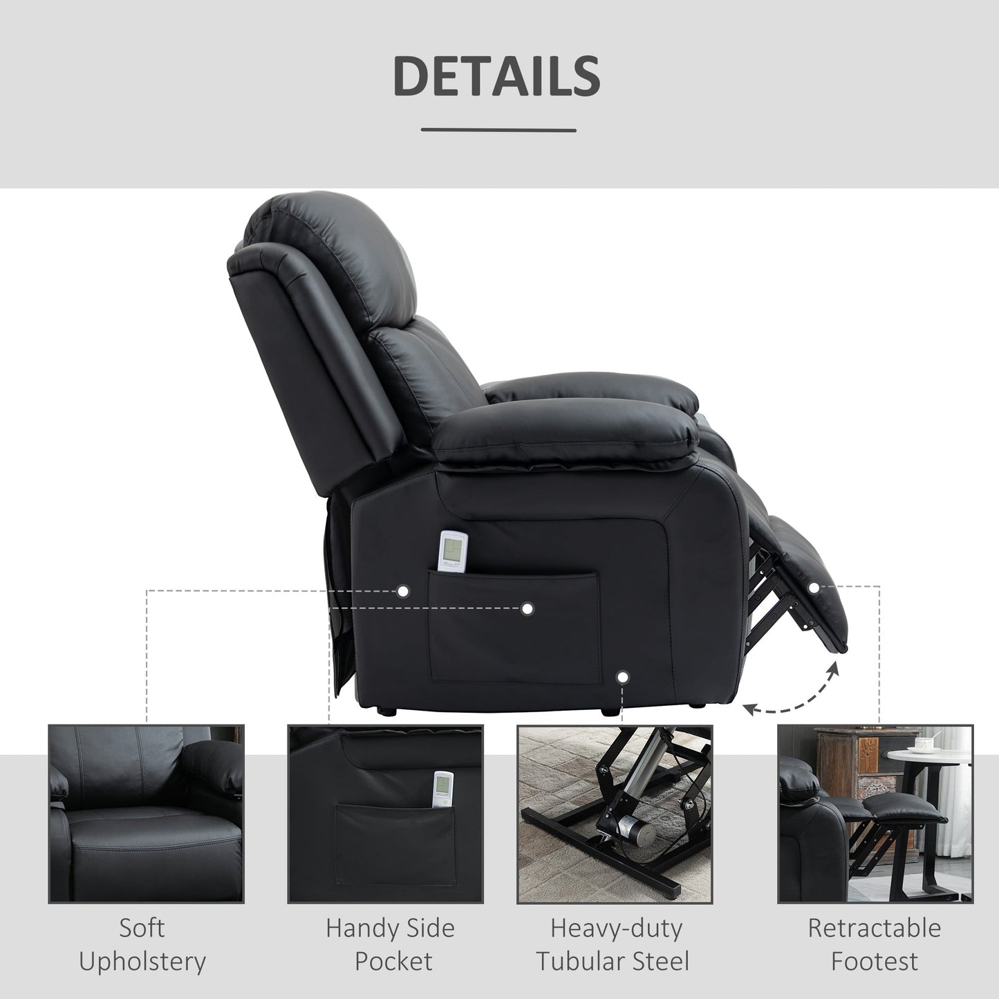 Fotel HOMCOM Riser and Recliner z masażem, fotel z elektryczną regulacją dla osób starszych z pilotem, przedłużonym podnóżkiem, dwiema kieszeniami bocznymi, fotel z elektryczną regulacją, wypchany, czarny