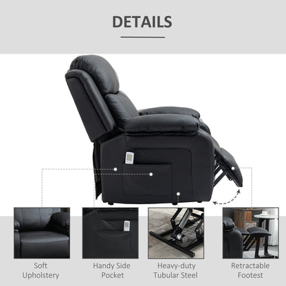 Fotel HOMCOM Riser and Recliner z masażem, fotel z elektryczną regulacją dla osób starszych z pilotem, przedłużonym podnóżkiem, dwiema kieszeniami bocznymi, fotel z elektryczną regulacją, wypchany, czarny