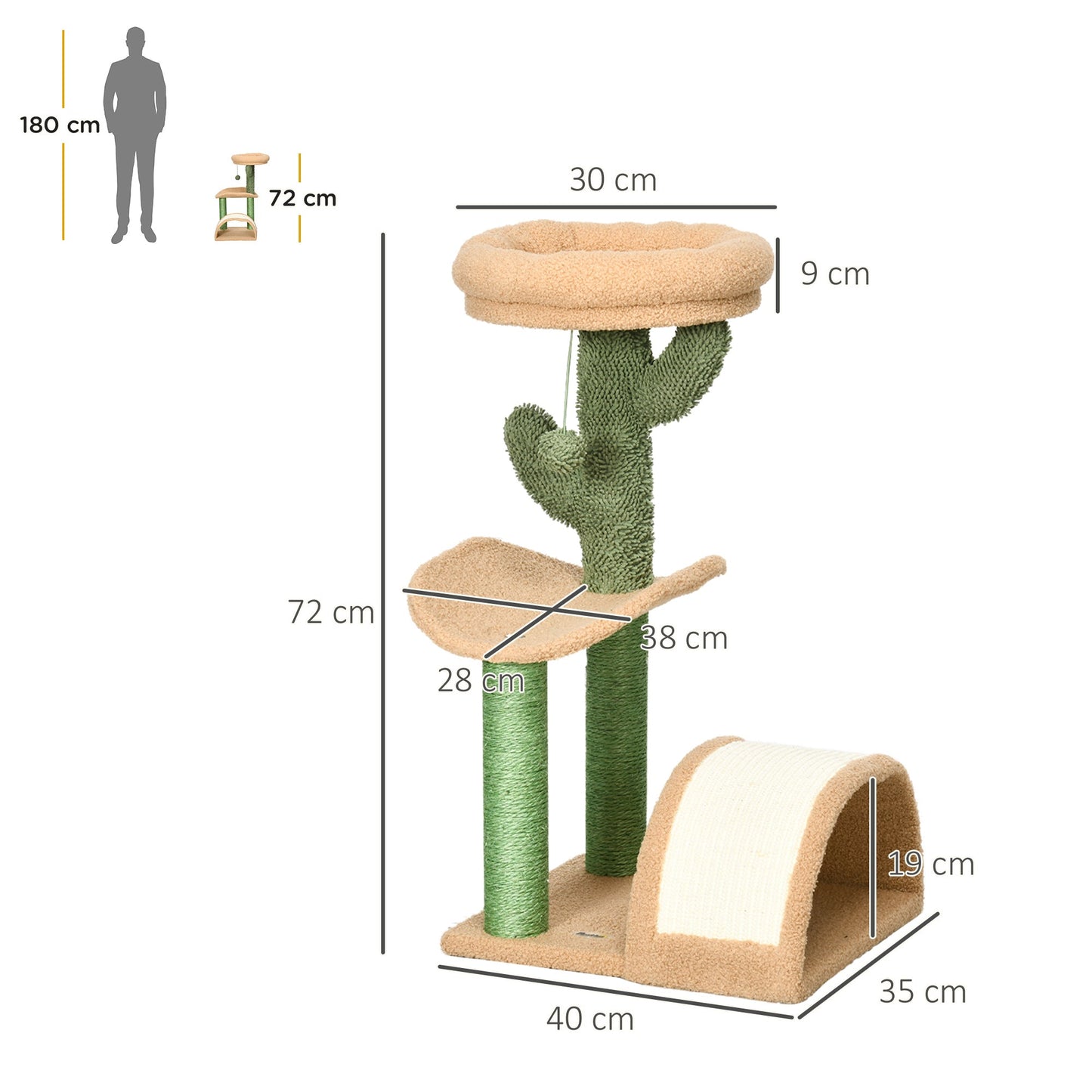 PawHut 72cm Cat Tree, with Top Bed, Curved Pad, Sisal Scratching Post - Beige & Green