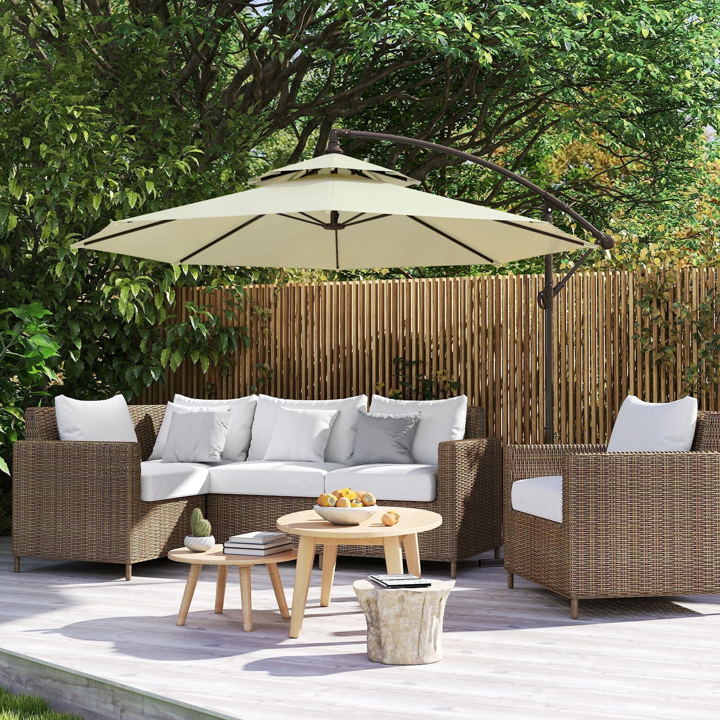 Outsunny 2.7m Garden Banana Parasol Cantilever Umbrella with Crank Handle, Double Tier Canopy and Cross Base for Outdoor, Hanging Sun Shade, Beige