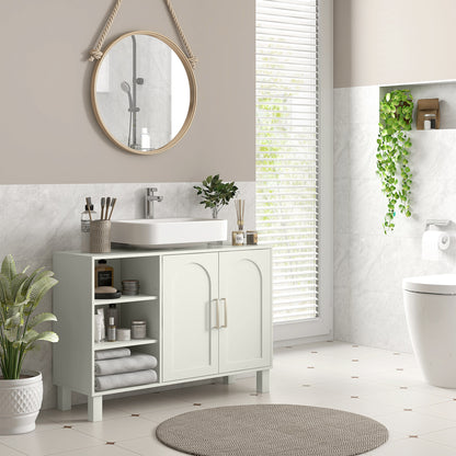 HOMCOM Under Sink Cabinet, Bathroom Sink Cabinet with U-Shaped Cutout, Two-Level Cupboard, Adjustable Shelf for Basin, Cream