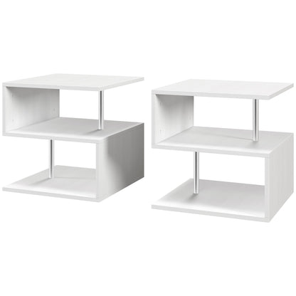 Wooden S Shape Cube Coffee Console Table 2 Tier Storage Shelves Organizer Office Bookcase Living Room End Desk Stand Display Set of 2 (White)