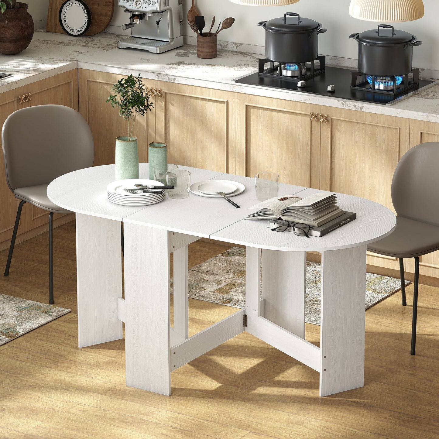 HOMCOM Folding Dining Table, Drop Leaf Table for Small Spaces, Oval Tabletop for Dining Room, Ash Wood-Effect