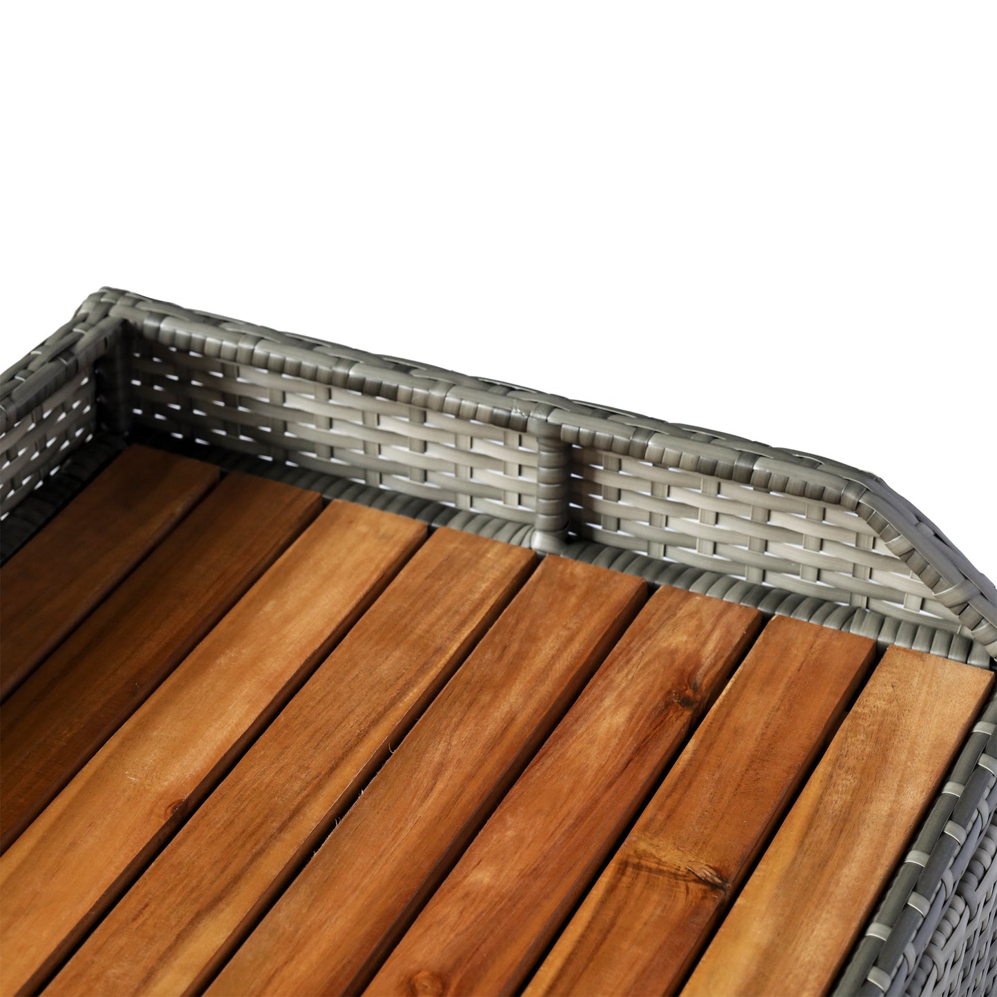 Outsunny Patio Wicker Storage Bench Box, Outdoor Garden PE Rattan Pool Storage Deck Bin Box z blatem z naturalnego drewna, pokrywką, idealny do przechowywania narzędzi, akcesoriów i zabawek, mieszany szary