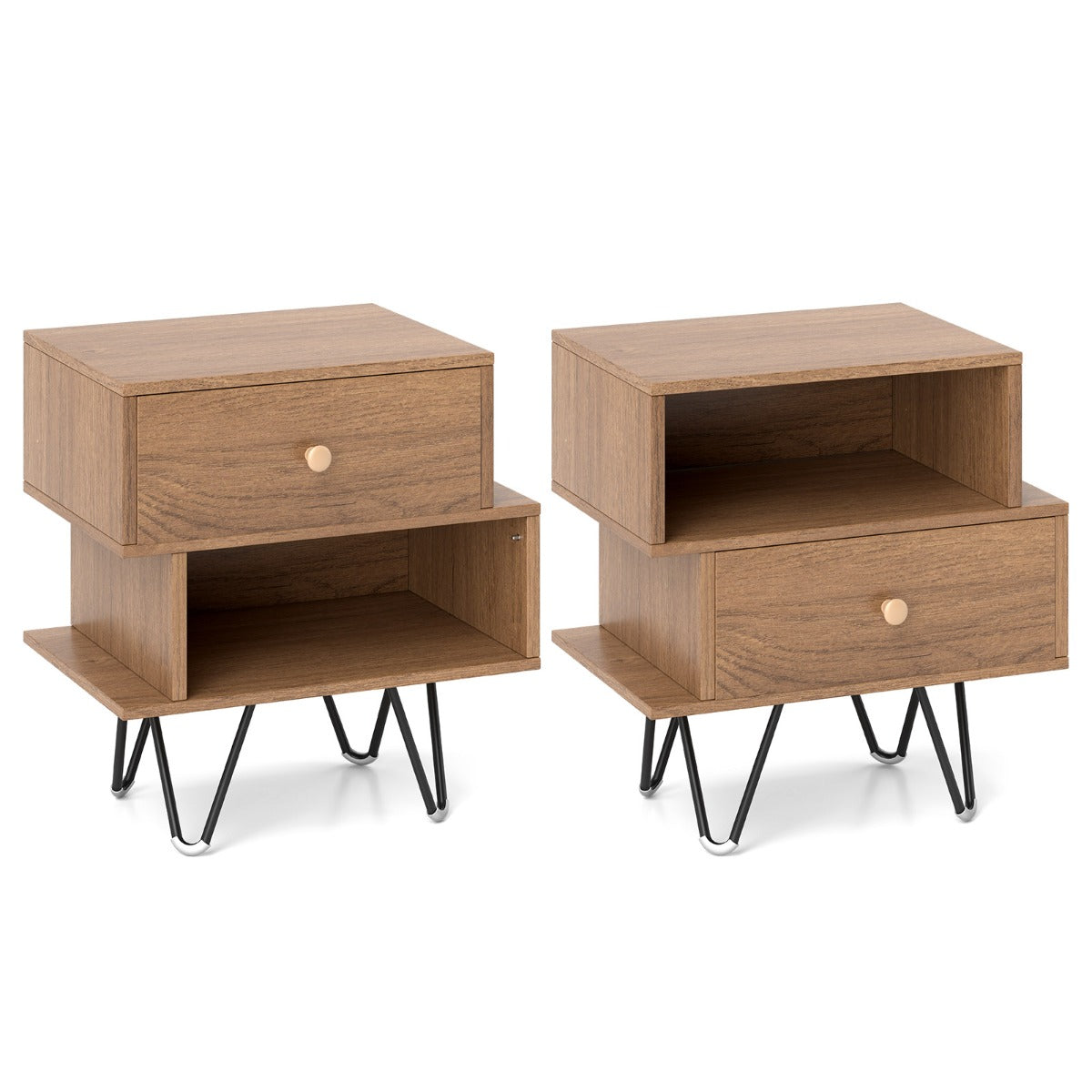 Mid Century Modern End Tables Set of 2 with Removable Drawer-Natural