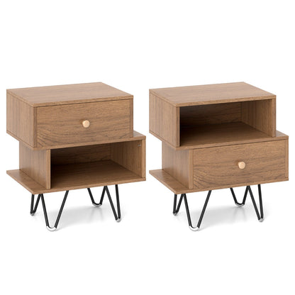 Mid Century Modern End Tables Set of 2 with Removable Drawer-Natural