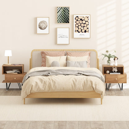 Mid Century Modern End Tables Set of 2 with Removable Drawer-Natural