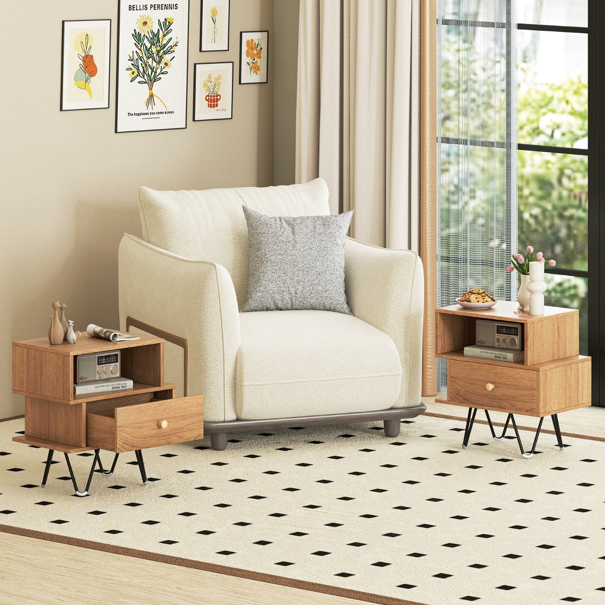 Mid Century Modern End Tables Set of 2 with Removable Drawer-Natural