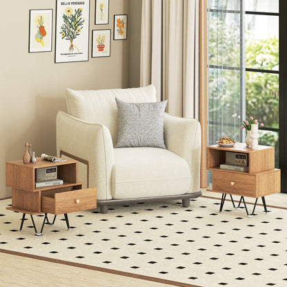 Mid Century Modern End Tables Set of 2 with Removable Drawer-Natural