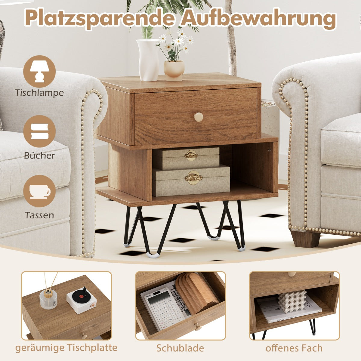 Mid Century Modern End Tables Set of 2 with Removable Drawer-Natural