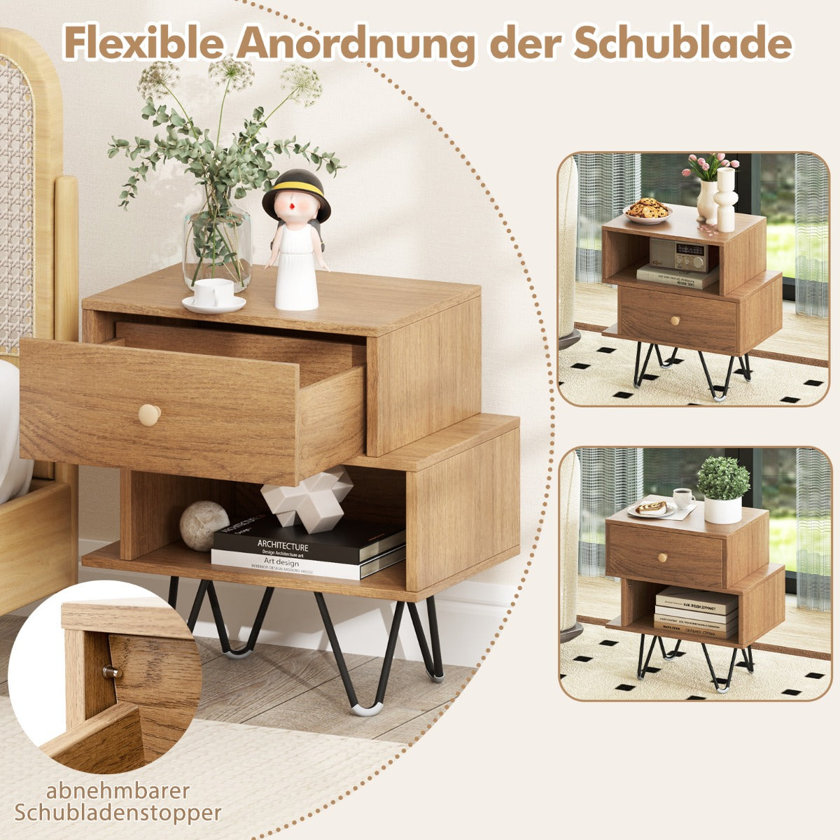 Mid Century Modern End Tables Set of 2 with Removable Drawer-Natural