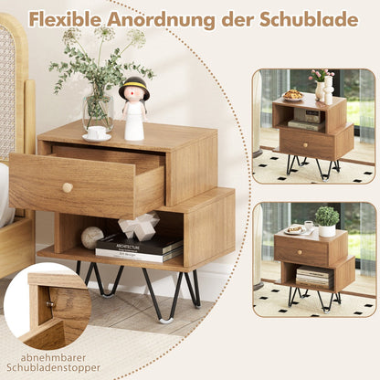 Mid Century Modern End Tables Set of 2 with Removable Drawer-Natural