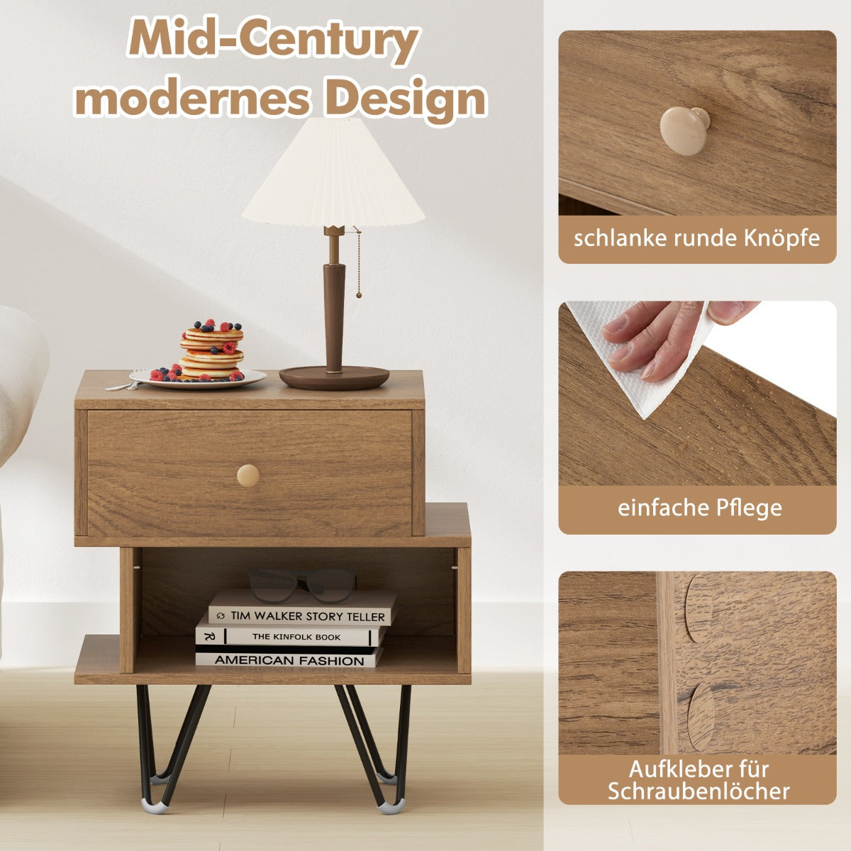 Mid Century Modern End Tables Set of 2 with Removable Drawer-Natural