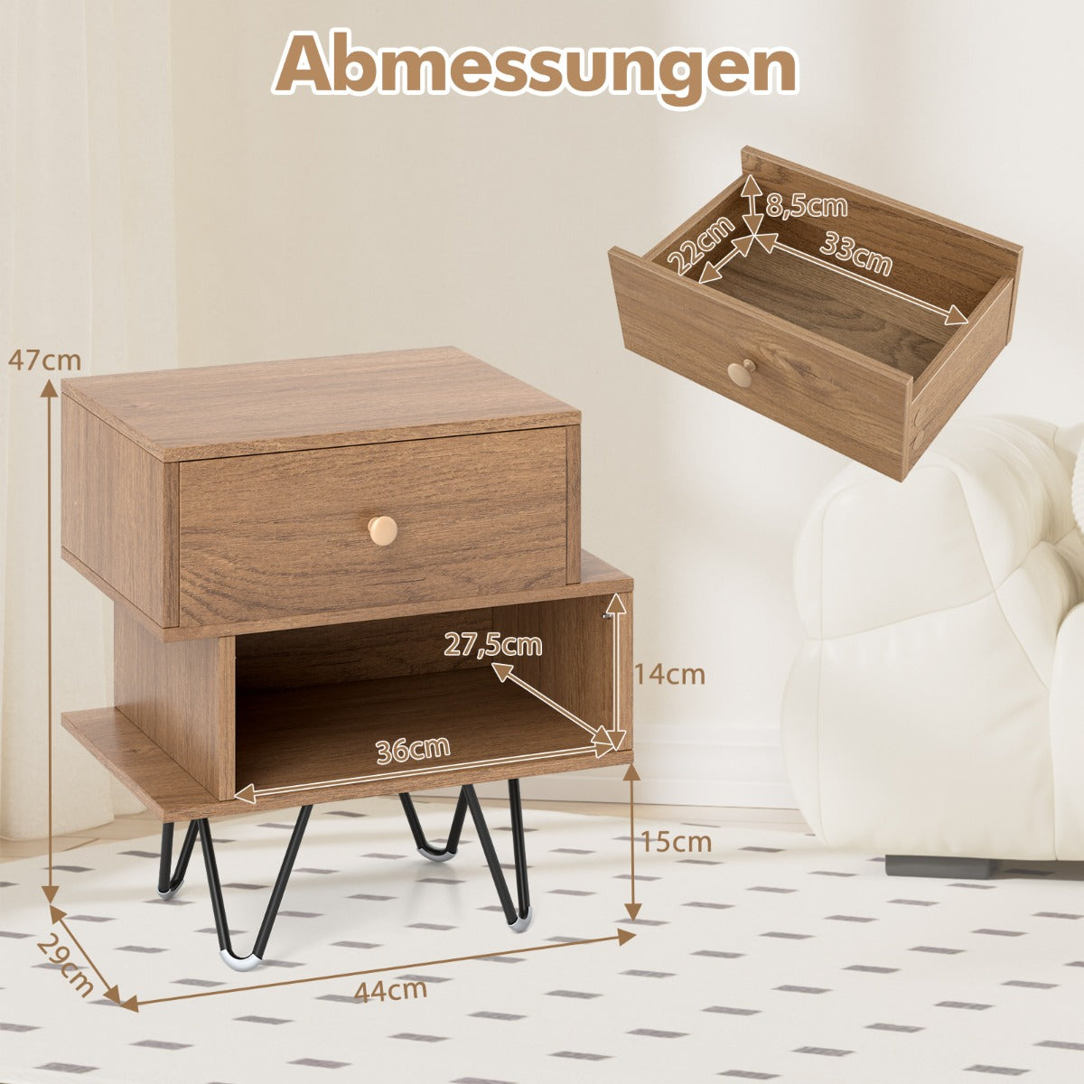 Mid Century Modern End Tables Set of 2 with Removable Drawer-Natural