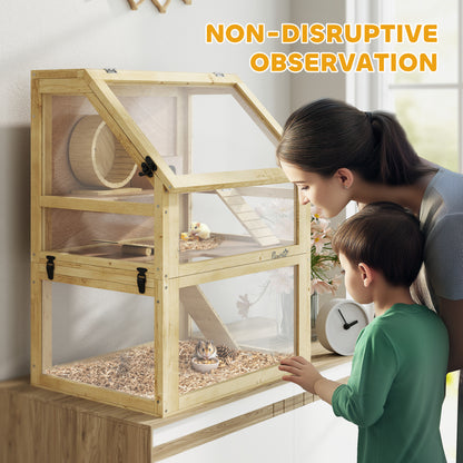 PawHut Wooden Hamster Cage with Detachable 32cm Deep Bottom, Hut, Seesaw, Exercise Wheel, Ramp, 60 x 40 x 75cm