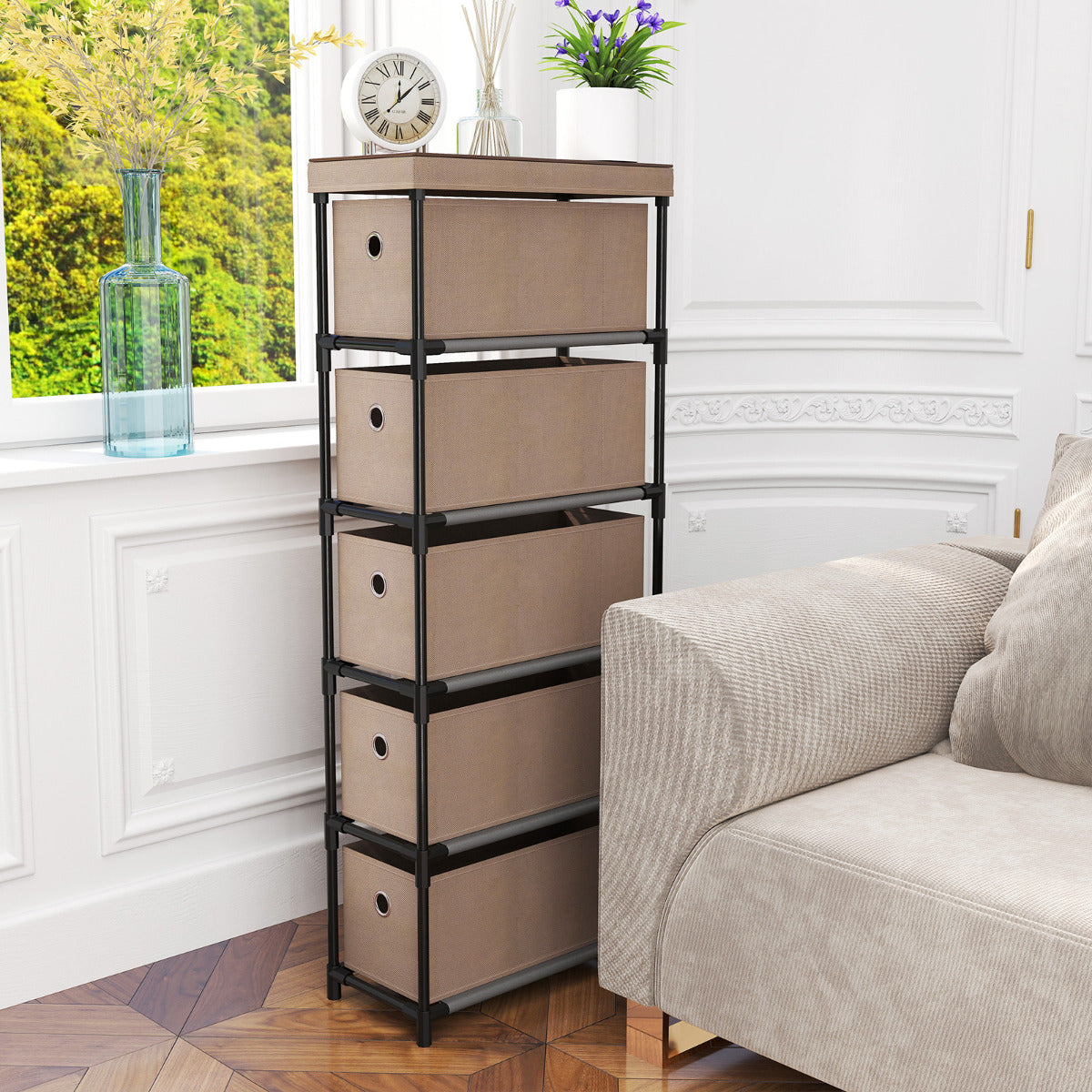 Narrow Dresser with 5 Drawers Slim Storage Tower with Metal Frame-Coffee