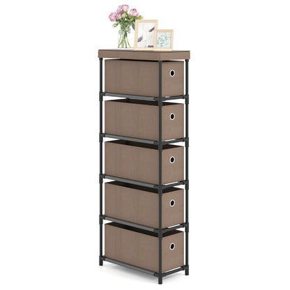 Narrow Dresser with 5 Drawers Slim Storage Tower with Metal Frame-Coffee