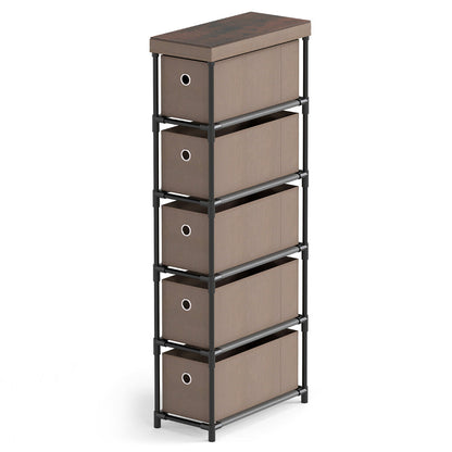 Narrow Dresser with 5 Drawers Slim Storage Tower with Metal Frame-Coffee