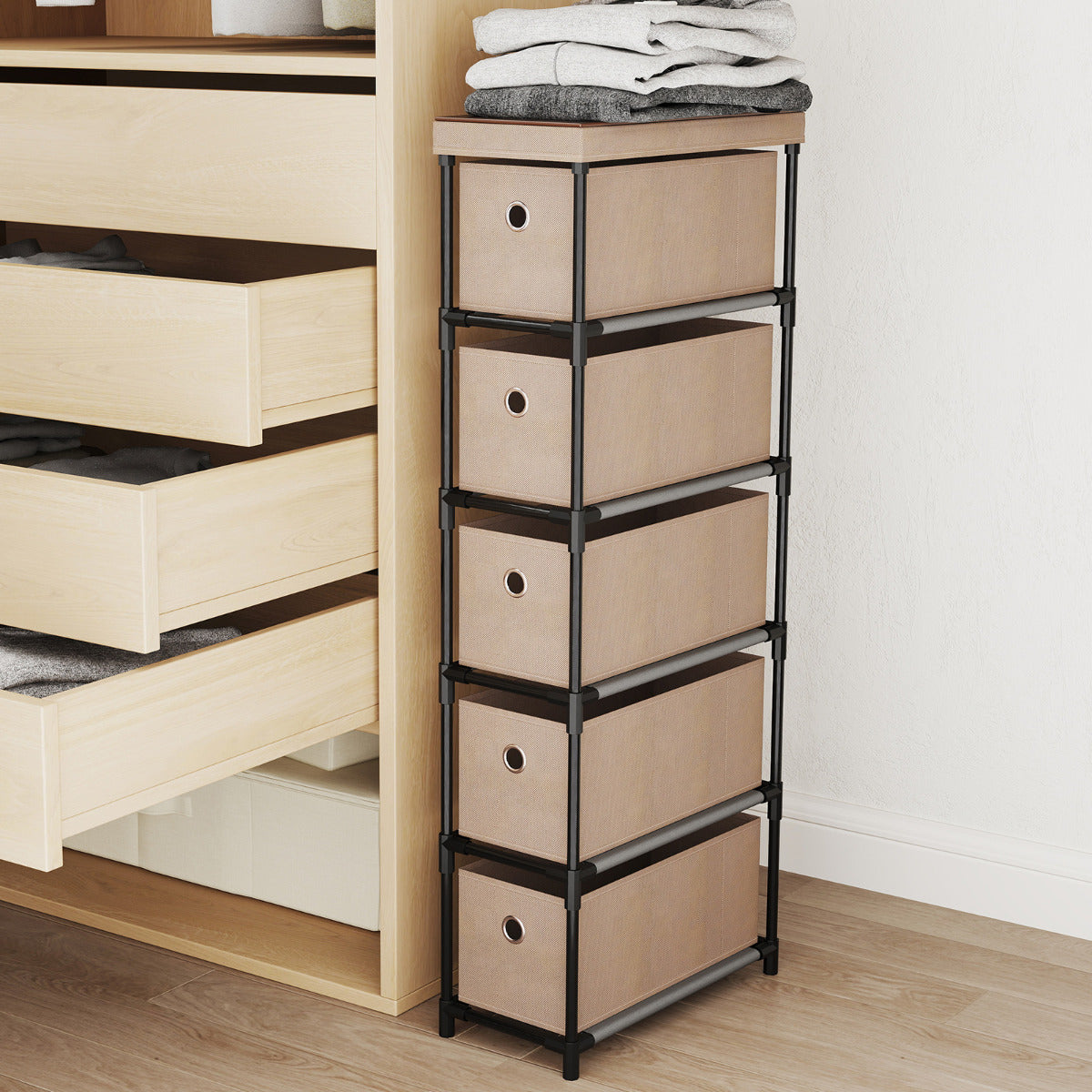 Narrow Dresser with 5 Drawers Slim Storage Tower with Metal Frame-Coffee