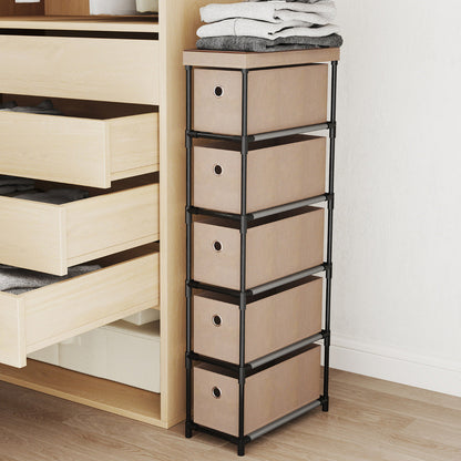 Narrow Dresser with 5 Drawers Slim Storage Tower with Metal Frame-Coffee