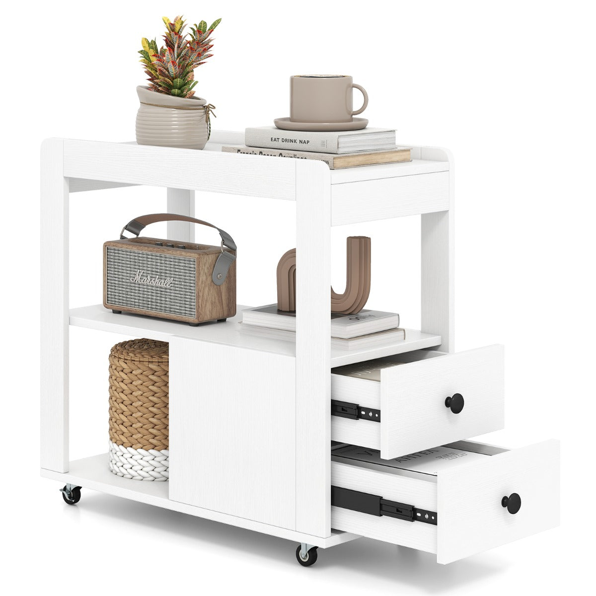 Modern 2-Drawer Sofa Side Table with Open Shelves-White