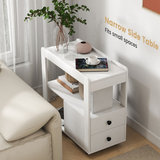 Modern 2-Drawer Sofa Side Table with Open Shelves-White