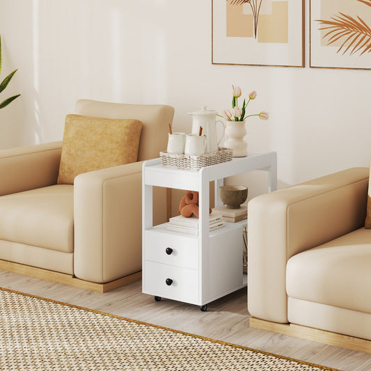 Modern 2-Drawer Sofa Side Table with Open Shelves-White