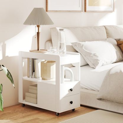 Modern 2-Drawer Sofa Side Table with Open Shelves-White