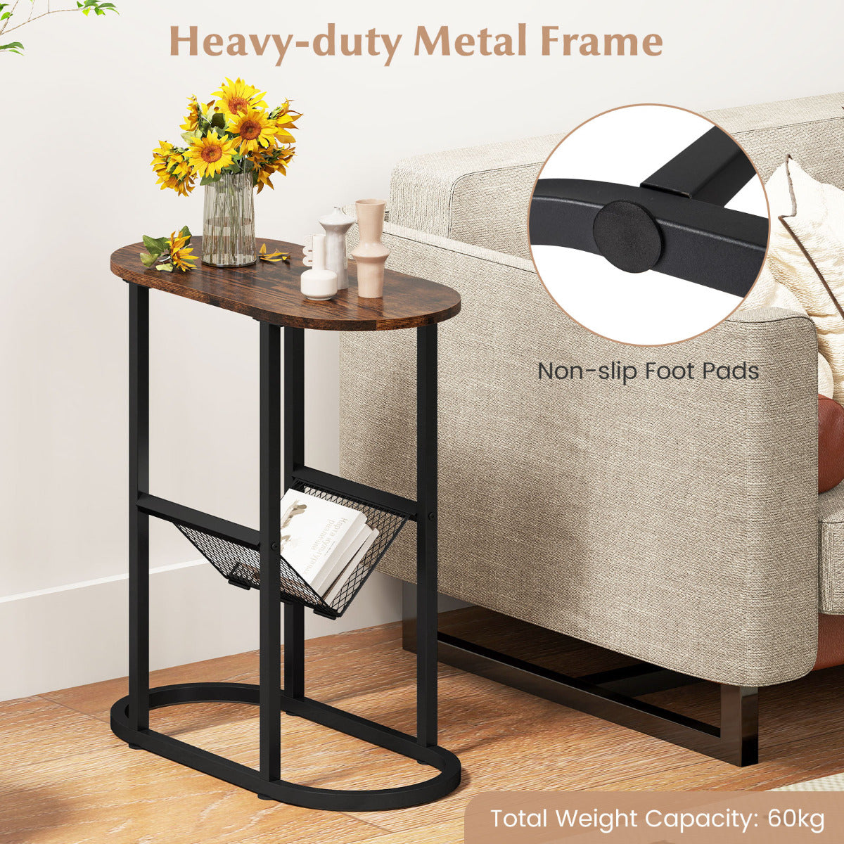 2-Tier Oval End Table Set of 2 Space-saving Slim Couch Side Table -Rustic Brown
