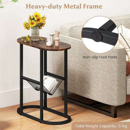 2-Tier Oval End Table Set of 2 Space-saving Slim Couch Side Table -Rustic Brown