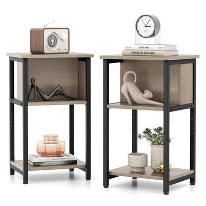 Narrow Sofa Side Table Set of 2 with Storage Shelf for Small Spaces-Grey